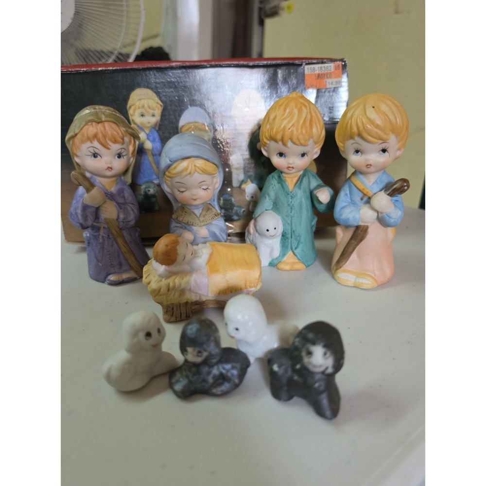 9 Pc Porcelain Nativity Figurines Young Children Set Vintage Taiwan